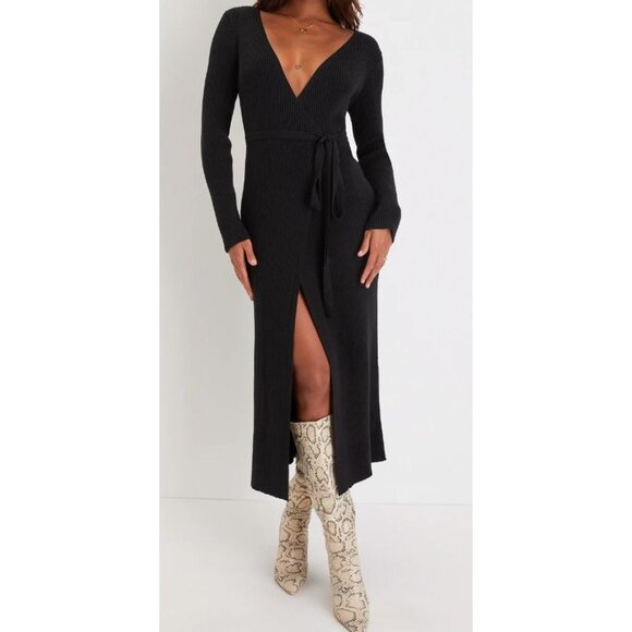 Lulus Ribbed Surplice Wrap Midi Sweater Dress Duster Cardigan Black Large NEW - Picture 7 of 8